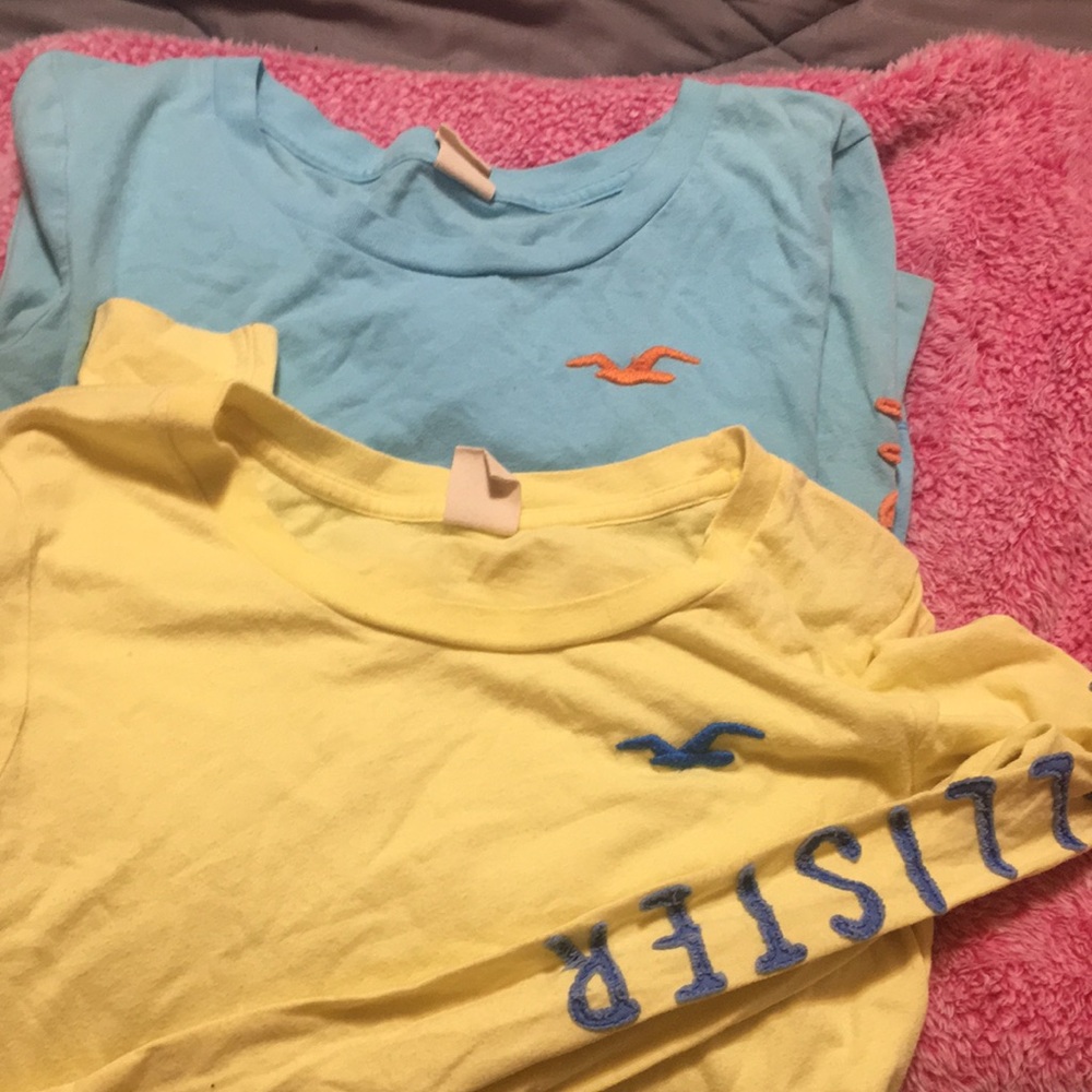 Hollister Yellow and Light Blue Long Sleeve Logo Tees